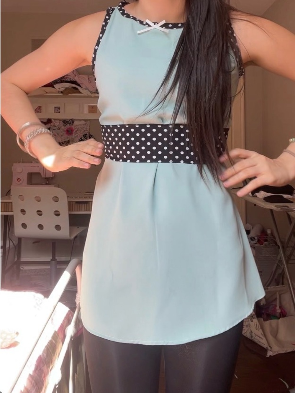 Sleeveless Mint Tunic with Black Polka Dot Accents